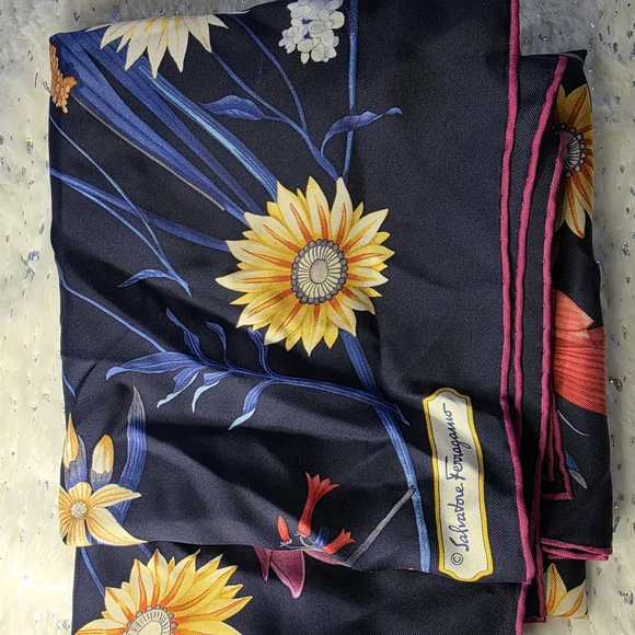 Salvatore Ferragamo Blue and Orange Scarf Vibrant Floral Design - Picture 3 of 4